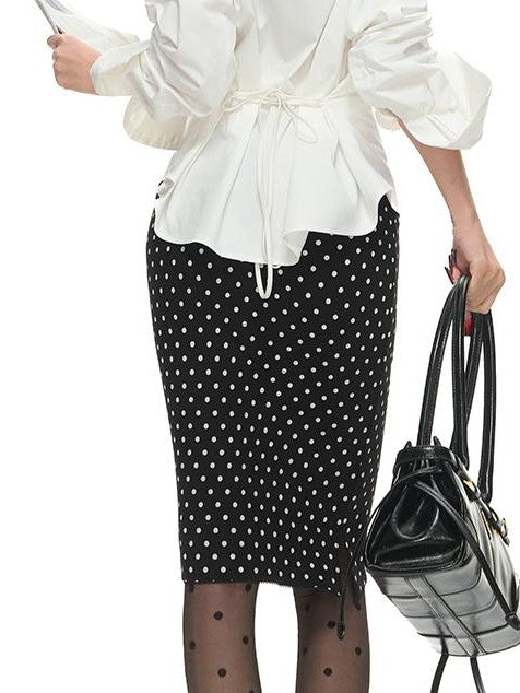 Fanptntox Vintage Polka Dot Low Rise Side Slit Stretch Women's Viscose Bodycon Skirts