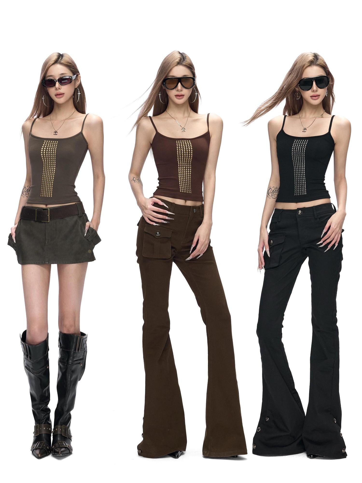 Fanptntox Vintage Rhinestone Slim Fit Brushed U Neck Women's Viscose Blend Camisoles