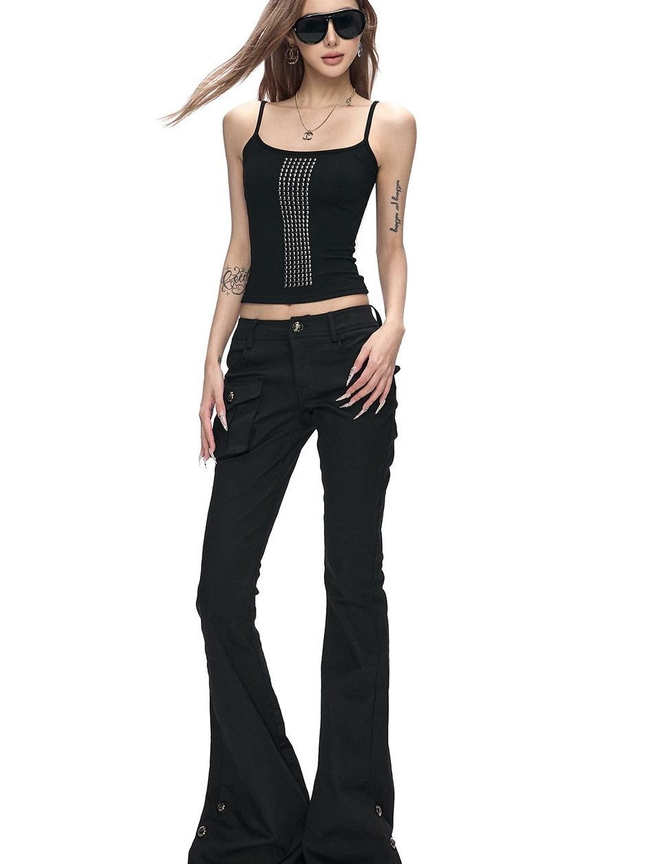 Fanptntox Vintage Rhinestone Slim Fit Brushed U Neck Women's Viscose Blend Camisoles