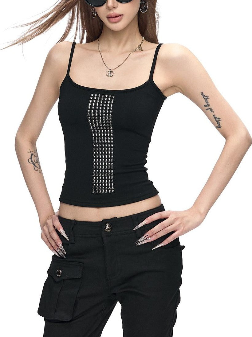 Fanptntox Vintage Rhinestone Slim Fit Brushed U Neck Women's Viscose Blend Camisoles