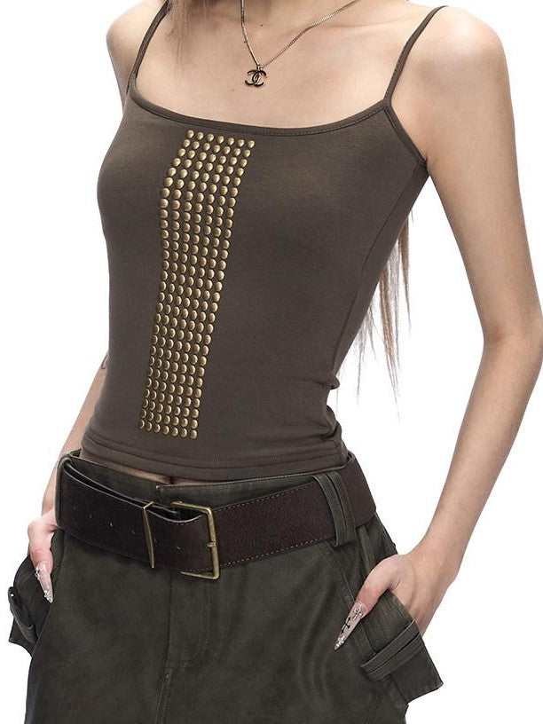 Fanptntox Vintage Rhinestone Slim Fit Brushed U Neck Women's Viscose Blend Camisoles