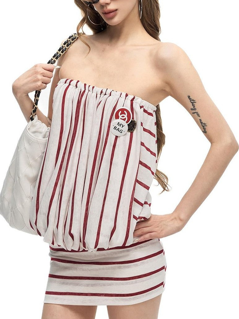 Fanptntox Vintage Striped Strapless Slimming Women's Lyocell Knit Tube Mini Dresses