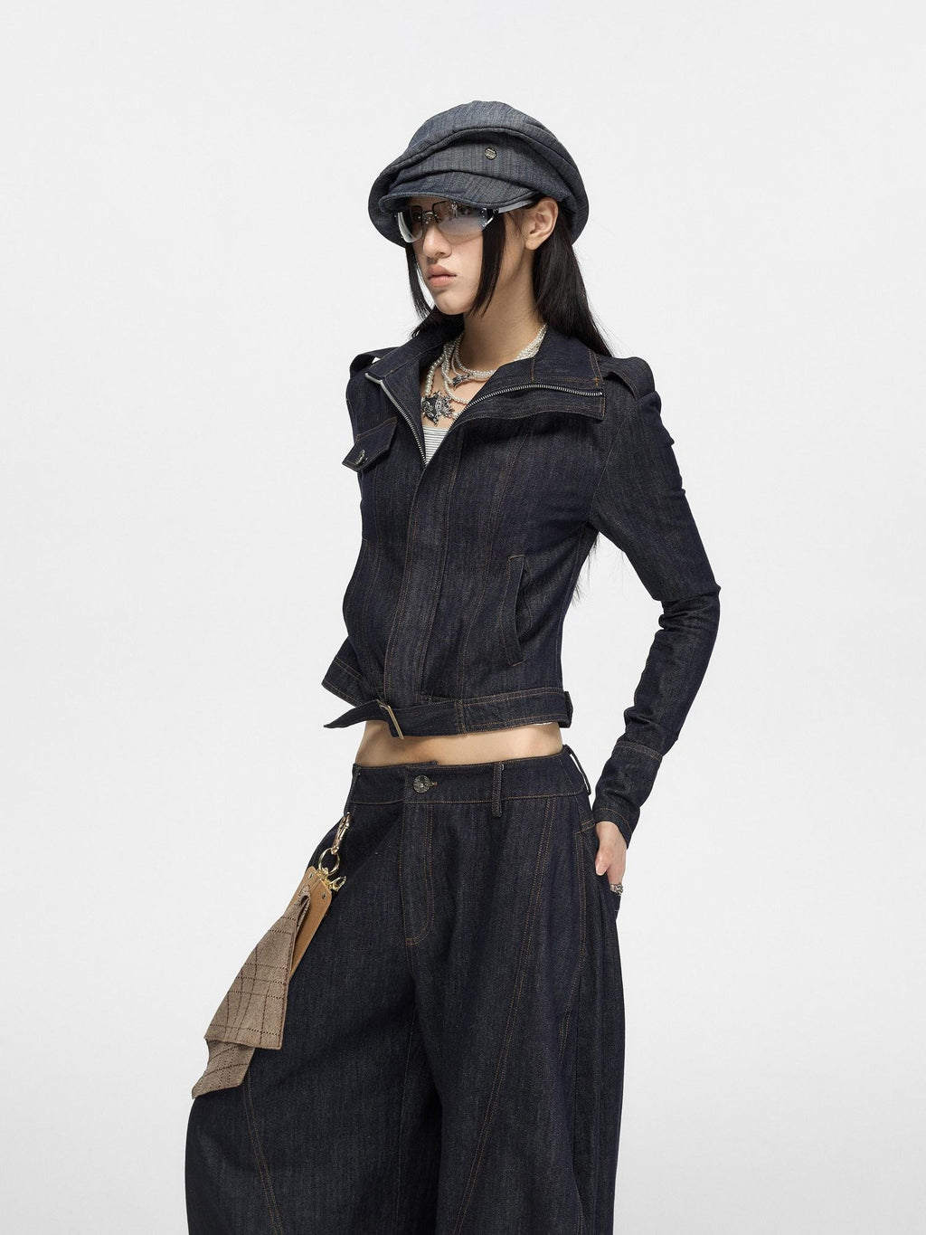 Fanptntox Vintage Textured Stand Collar Zip Cropped Slim Women's Cotton Denim Jackets
