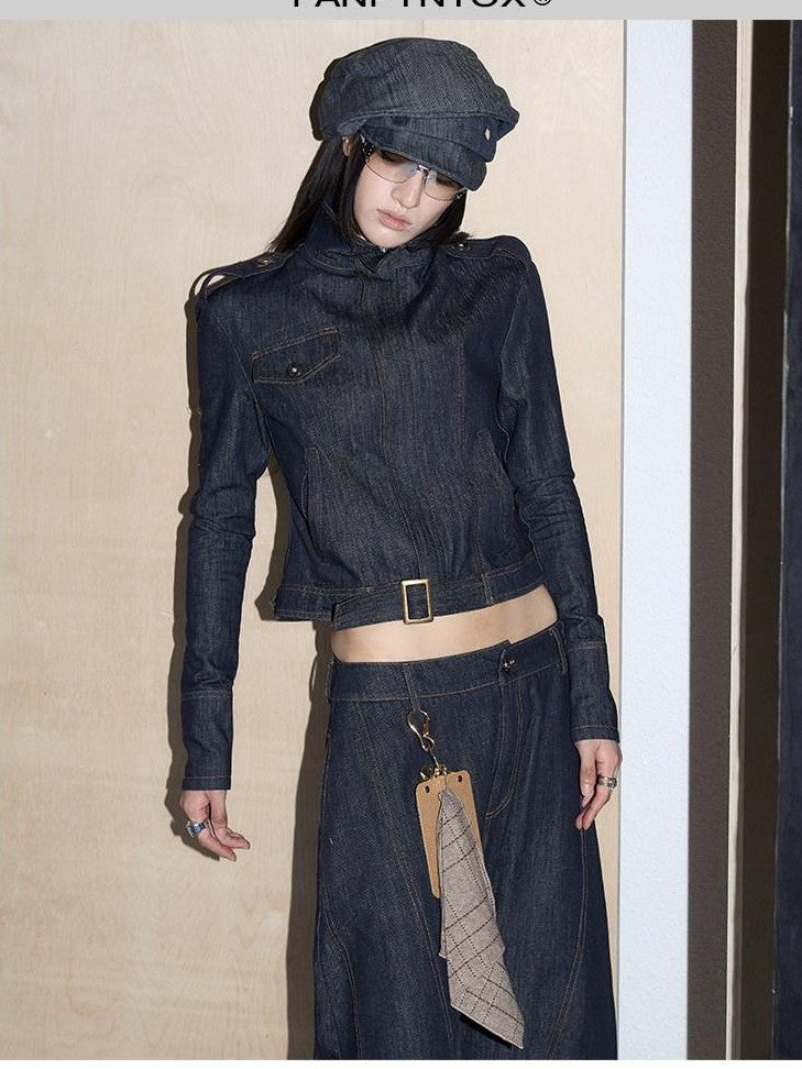 Fanptntox Vintage Textured Stand Collar Zip Cropped Slim Women's Cotton Denim Jackets