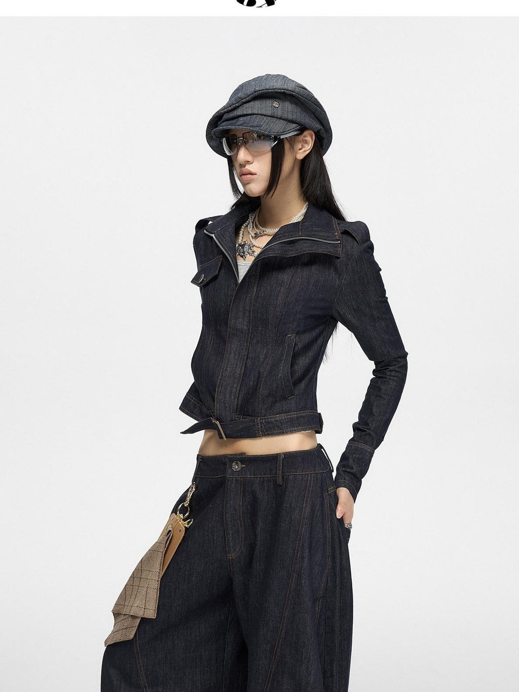 Fanptntox Vintage Textured Stand Collar Zip Cropped Slim Women's Cotton Denim Jackets