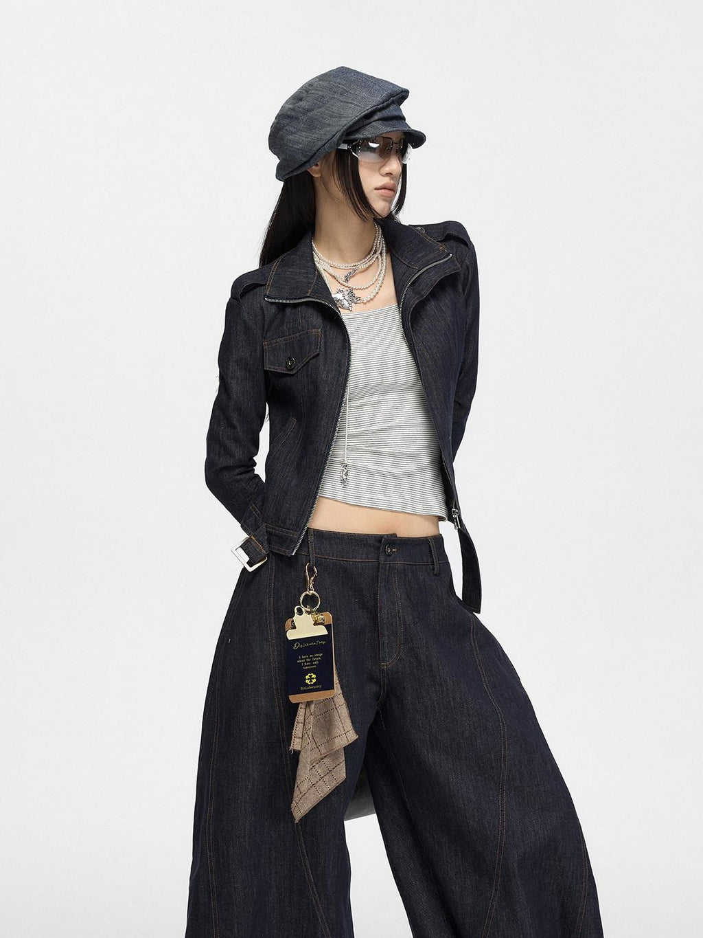 Fanptntox Vintage Textured Stand Collar Zip Cropped Slim Women's Cotton Denim Jackets
