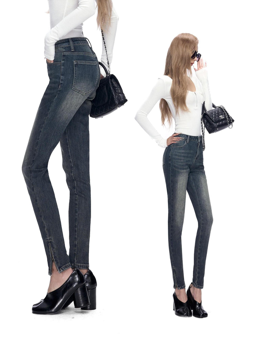 Fanptntox Vintage Washed Blue Hip Hugging Slit Hem Women's Denim Skinny Pants
