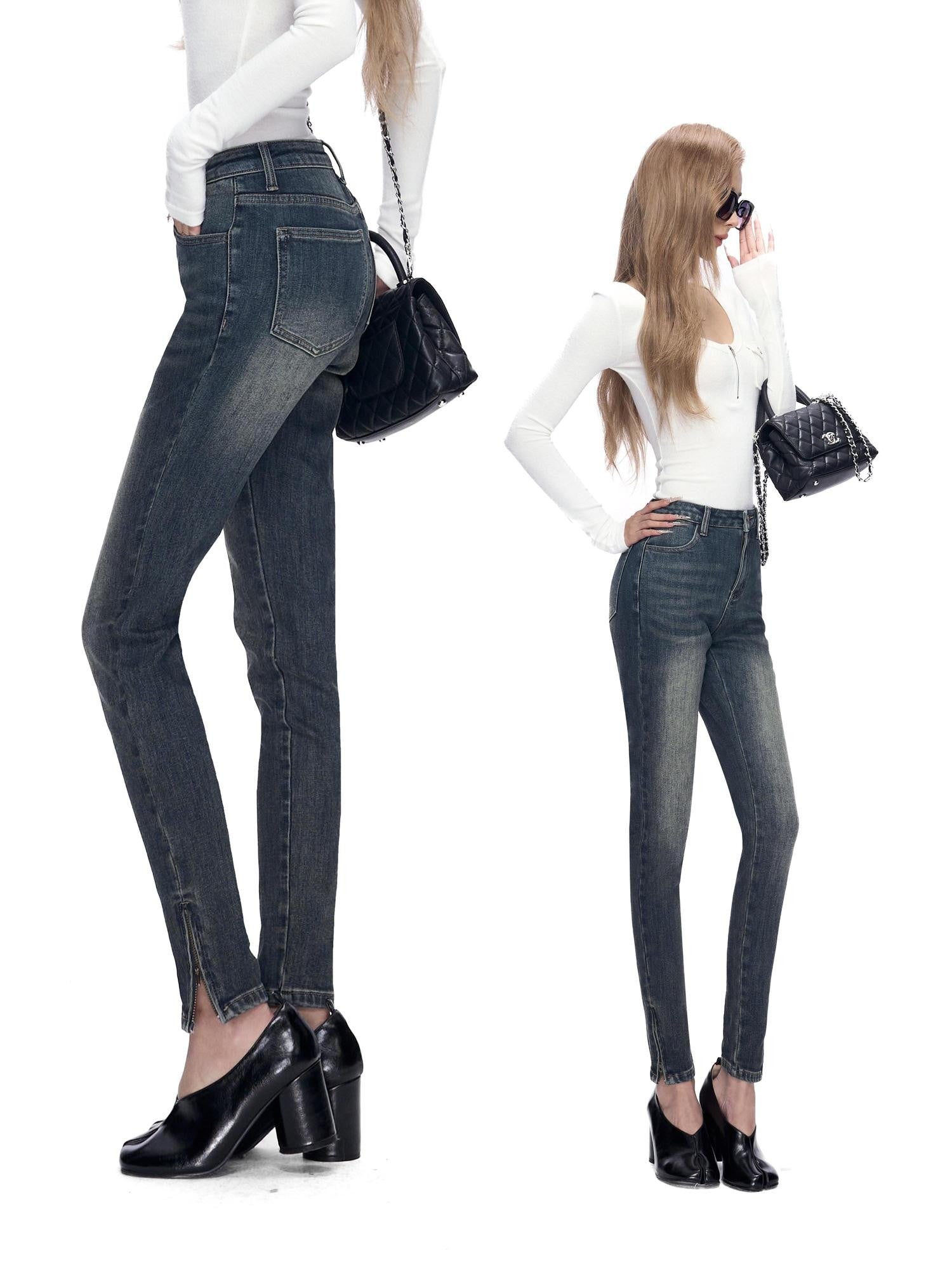 Fanptntox Vintage Washed Blue Hip Hugging Slit Hem Women's Denim Skinny Pants