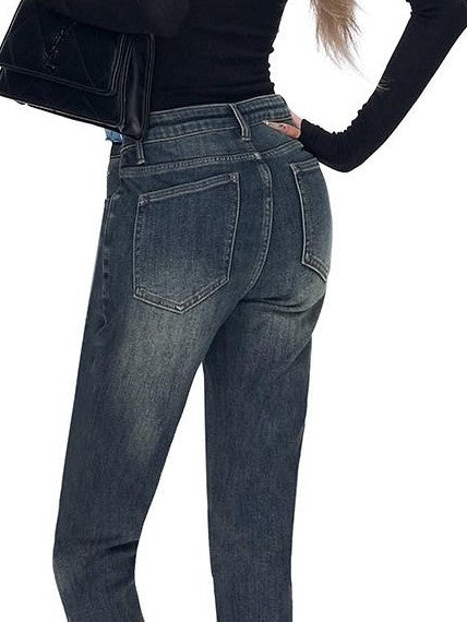 Fanptntox Vintage Washed Blue Hip Hugging Slit Hem Women's Denim Skinny Pants