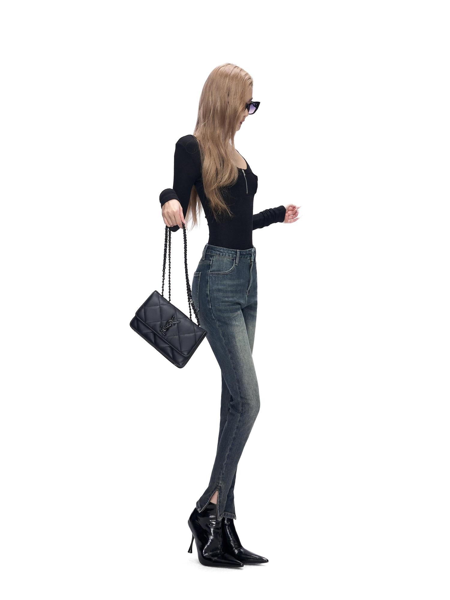 Fanptntox Vintage Washed Blue Hip Hugging Slit Hem Women's Denim Skinny Pants