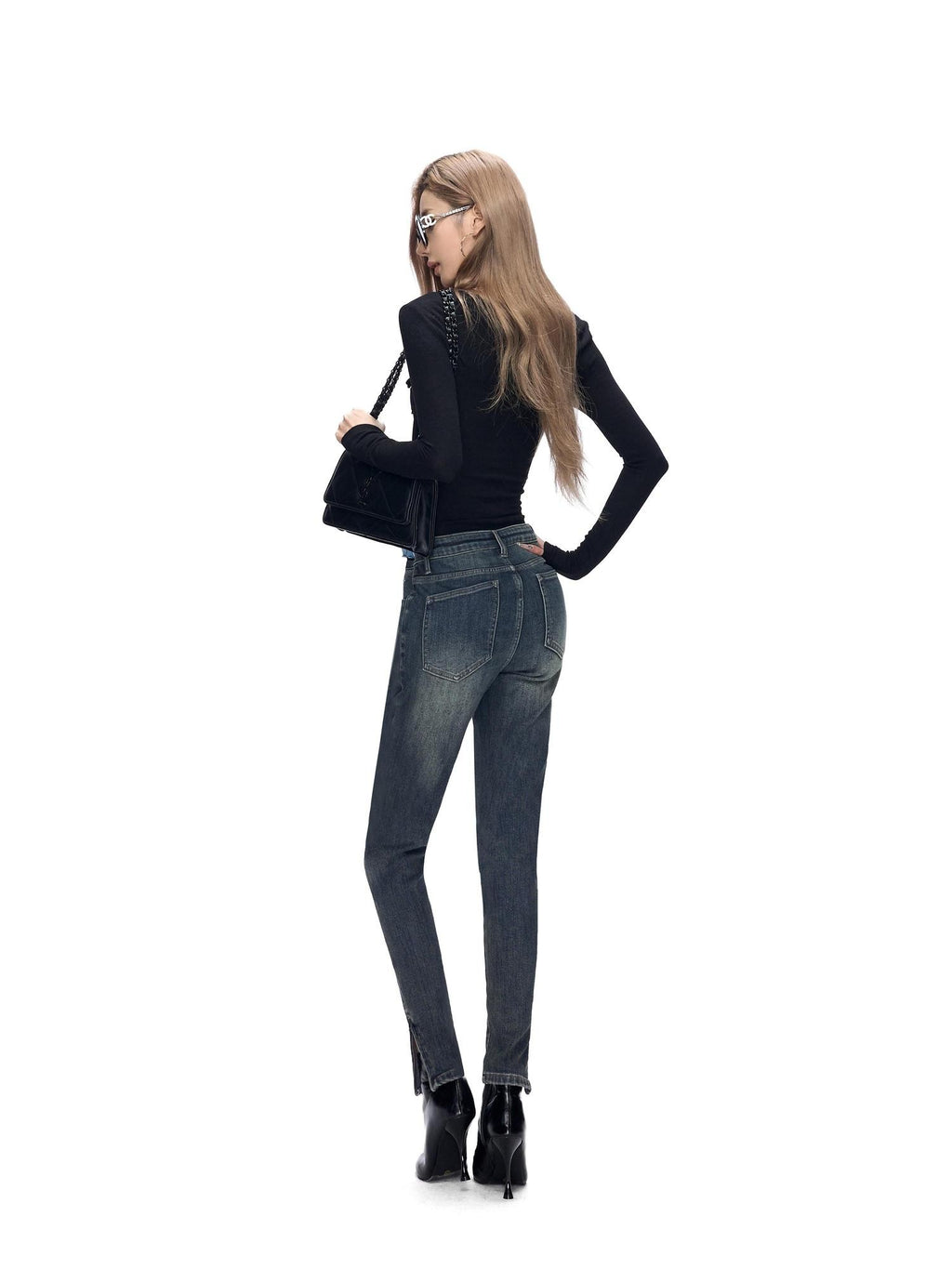 Fanptntox Vintage Washed Blue Hip Hugging Slit Hem Women's Denim Skinny Pants