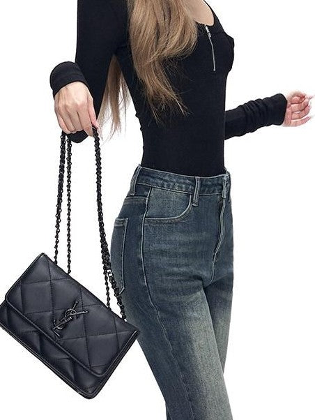 Fanptntox Vintage Washed Blue Hip Hugging Slit Hem Women's Denim Skinny Pants