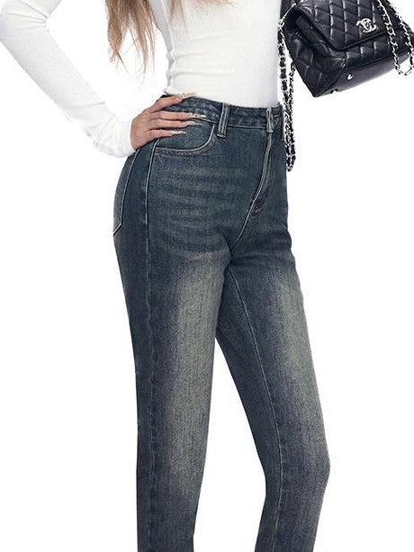 Fanptntox Vintage Washed Blue Hip Hugging Slit Hem Women's Denim Skinny Pants
