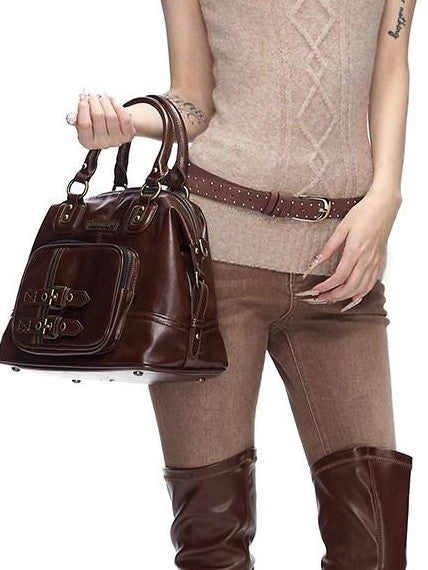 Fanptntox Vintage Washed Coffee Split Hem Stretch Slim Women's Denim Skinny Pants
