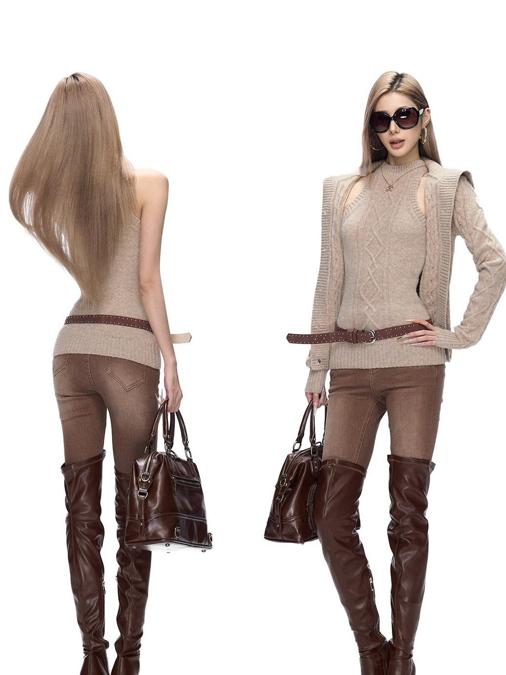 Fanptntox Vintage Washed Coffee Split Hem Stretch Slim Women's Denim Skinny Pants