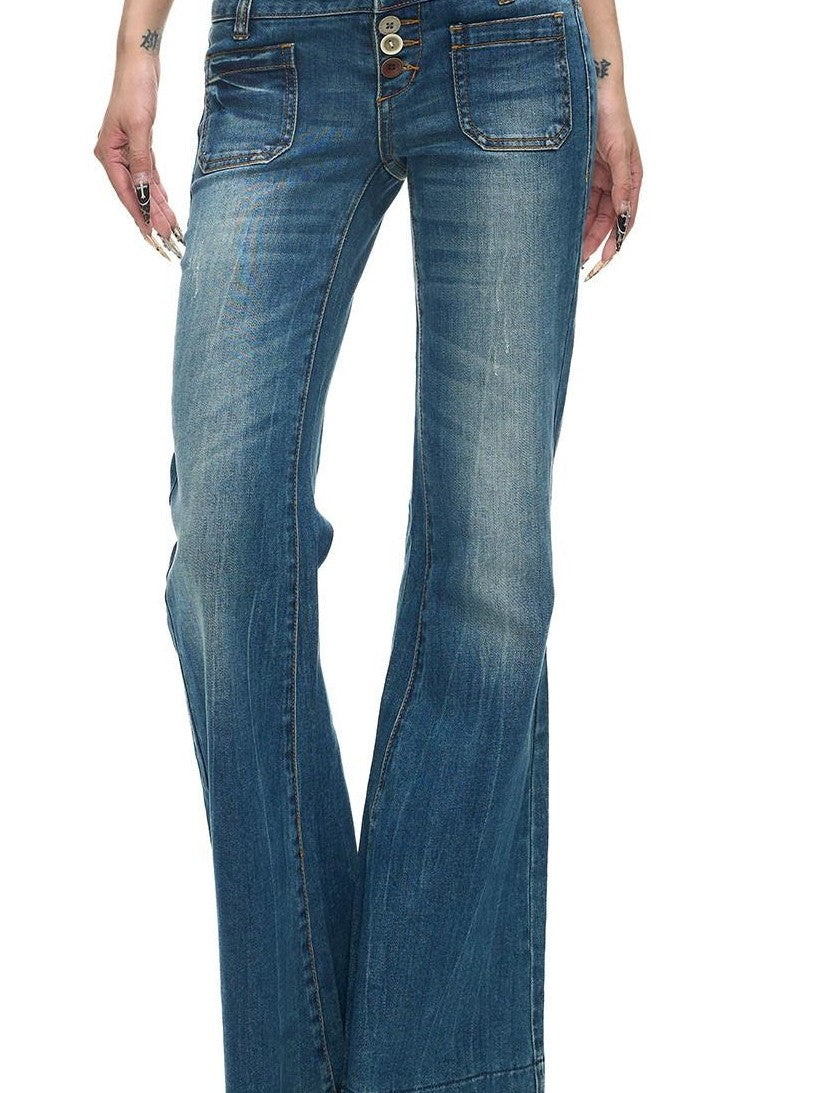 Fanptntox Vintage Washed Distressed Wooden Button Slim Low Waist Women's Denim Flare Jeans