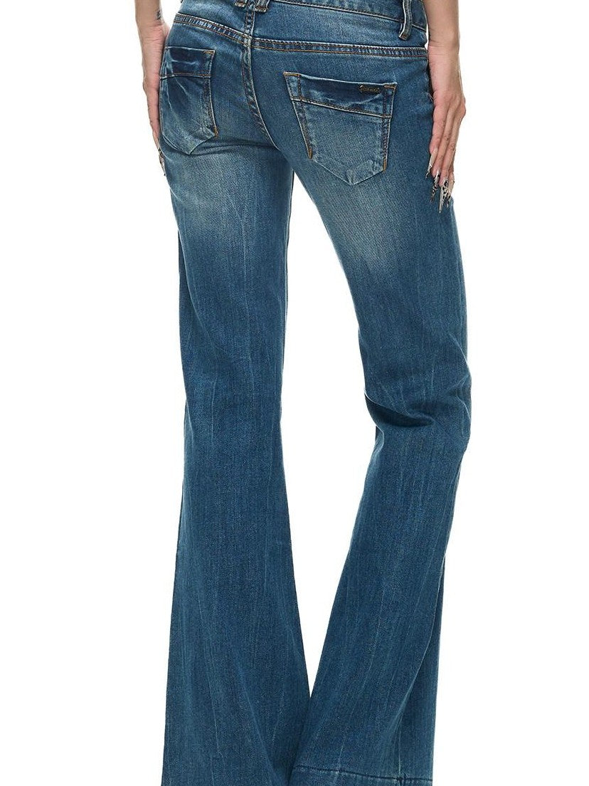 Fanptntox Vintage Washed Distressed Wooden Button Slim Low Waist Women's Denim Flare Jeans
