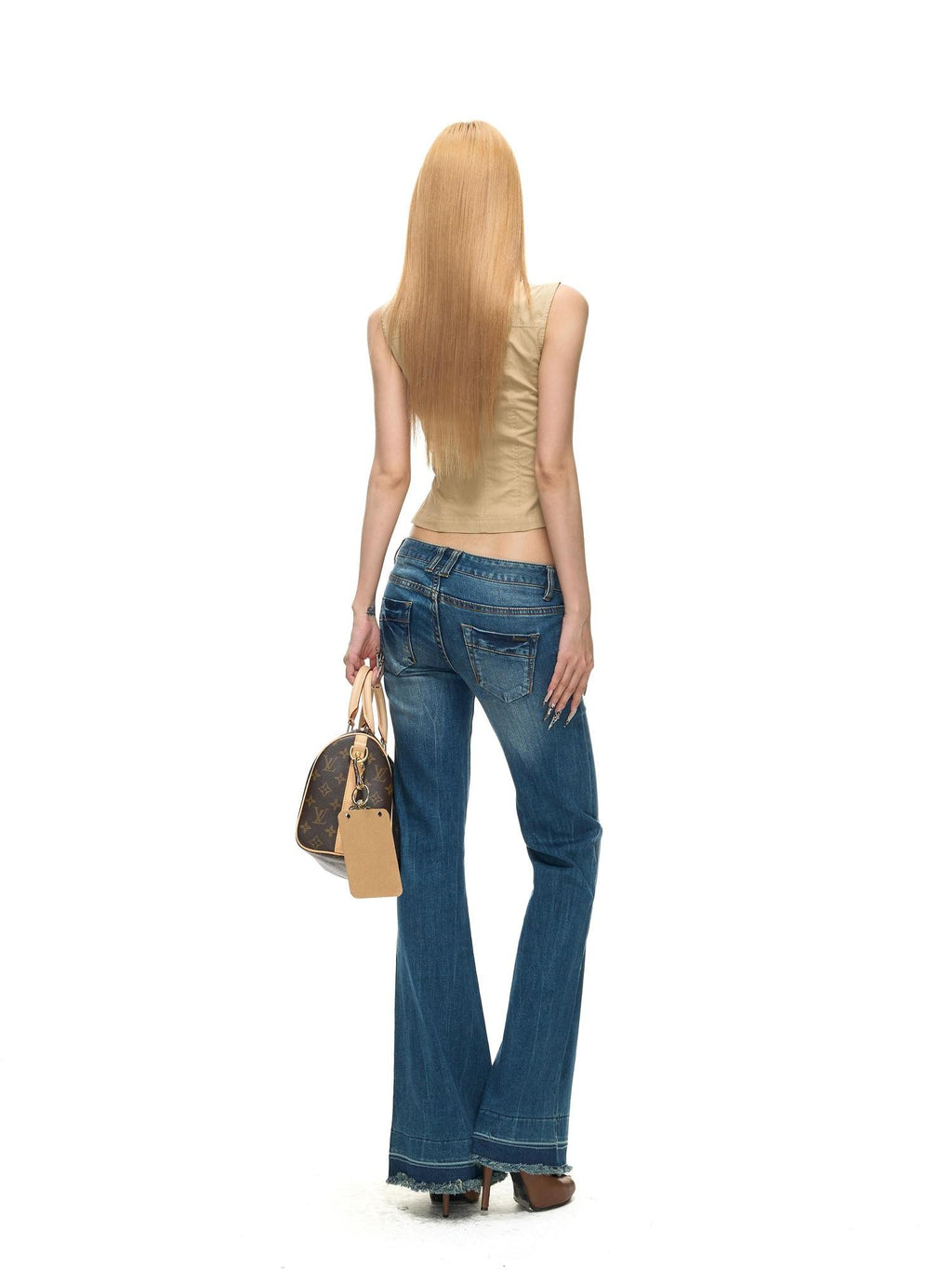 Fanptntox Vintage Washed Distressed Wooden Button Slim Low Waist Women's Denim Flare Jeans