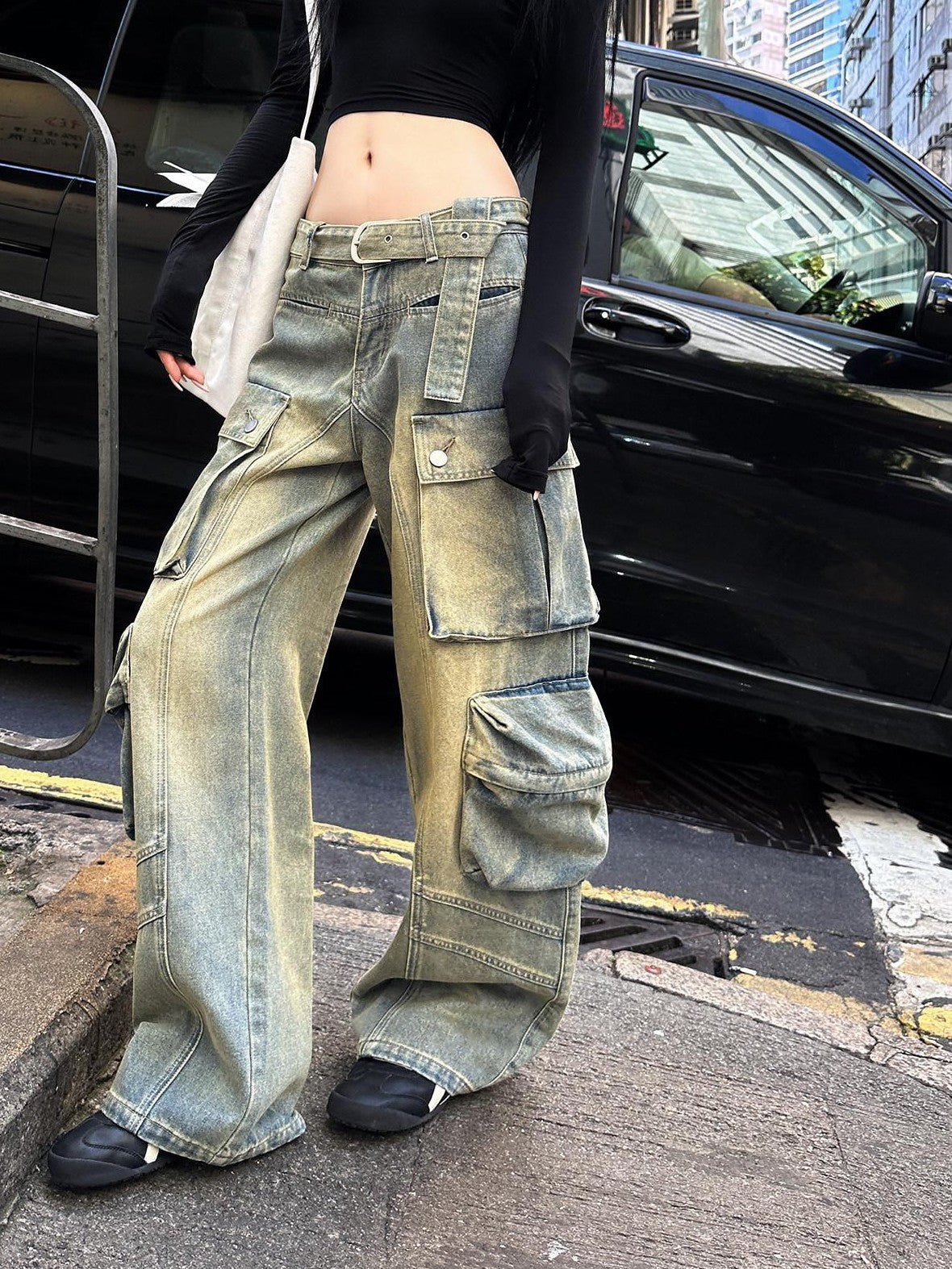 Fanptntox Vintage Washed Large Pocket Moto Slimming Women's Denim Wide-leg Jeans