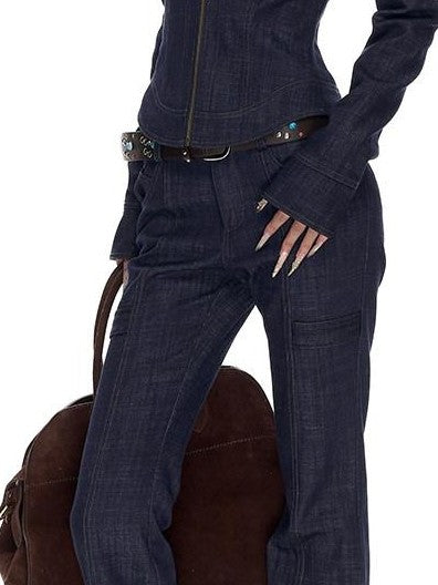 Fanptntox Vintage Washed Navy Low Rise Slim Hook Fly Women's Cotton Blend Bootcut Jeans