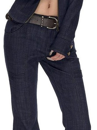Fanptntox Vintage Washed Navy Low Rise Slim Hook Fly Women's Cotton Blend Bootcut Jeans