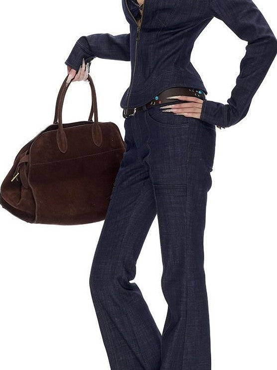Fanptntox Vintage Washed Navy Low Rise Slim Hook Fly Women's Cotton Blend Bootcut Jeans