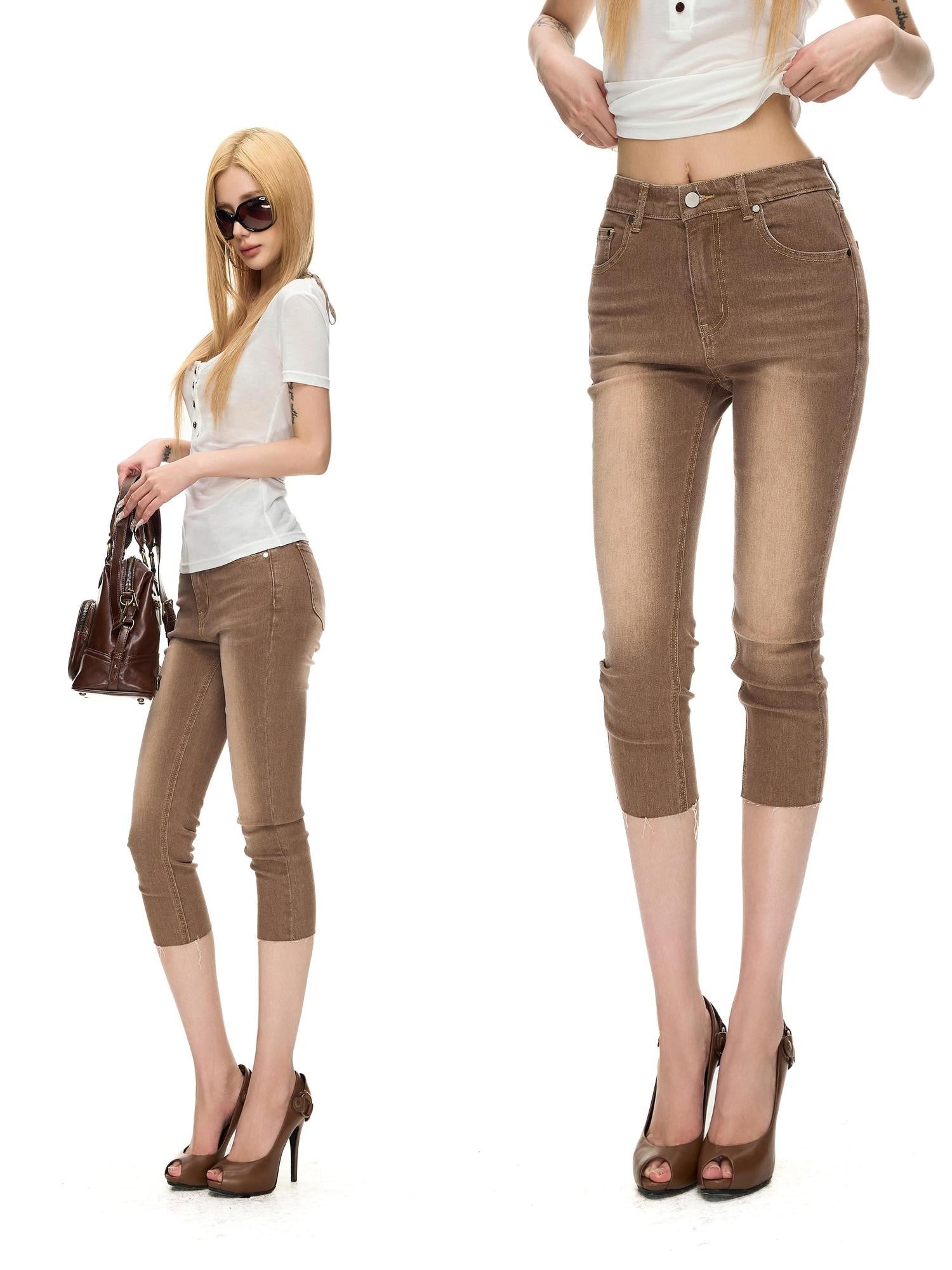 Fanptntox Vintage Washed Stretch Hip Hugging Slim Split Hem Women's Denim Capri Pants