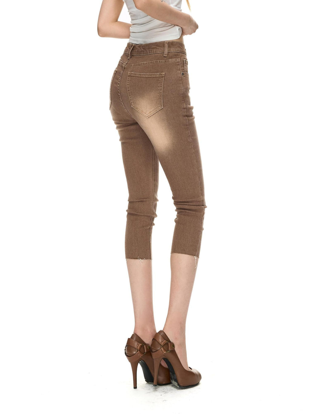 Fanptntox Vintage Washed Stretch Hip Hugging Slim Split Hem Women's Denim Capri Pants