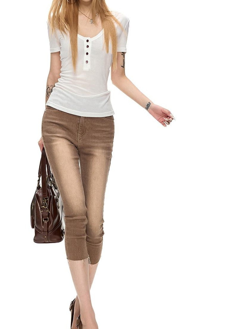 Fanptntox Vintage Washed Stretch Hip Hugging Slim Split Hem Women's Denim Capri Pants