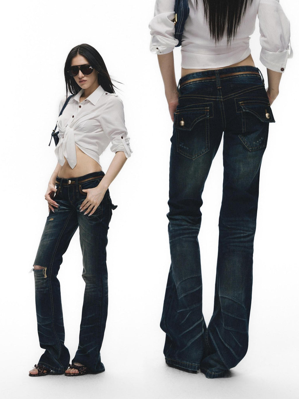 Fanptntox Vintage Washed Whisker Aged Ripped Low Rise Slim Women's Cotton Distressed Jeans