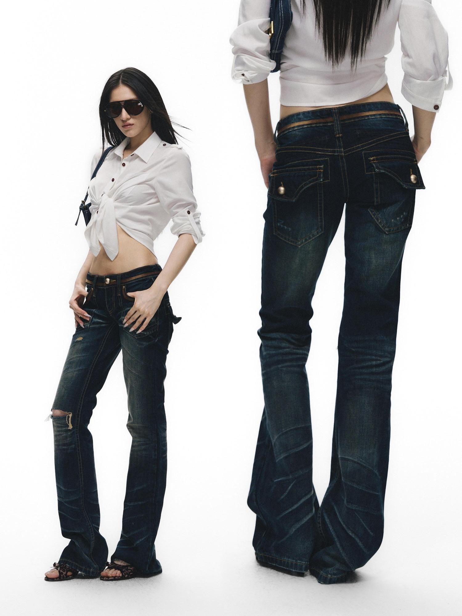 Fanptntox Vintage Washed Whisker Aged Ripped Low Rise Slim Women's Cotton Distressed Jeans