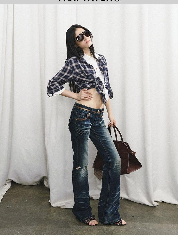 Fanptntox Vintage Washed Whisker Aged Ripped Low Rise Slim Women's Cotton Distressed Jeans