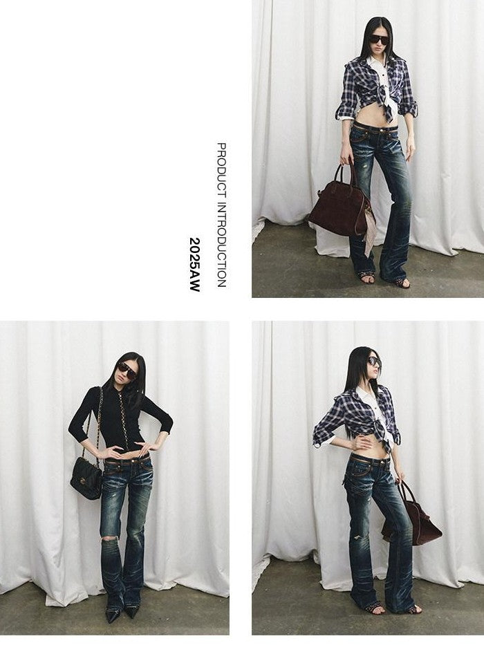Fanptntox Vintage Washed Whisker Aged Ripped Low Rise Slim Women's Cotton Distressed Jeans
