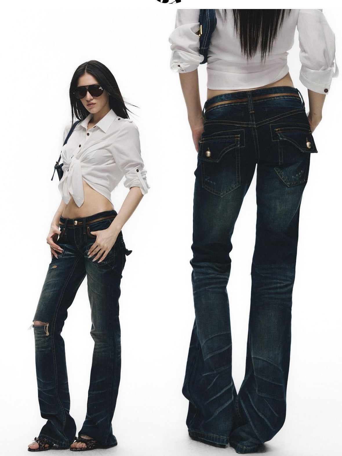 Fanptntox Vintage Washed Whisker Aged Ripped Low Rise Slim Women's Cotton Distressed Jeans