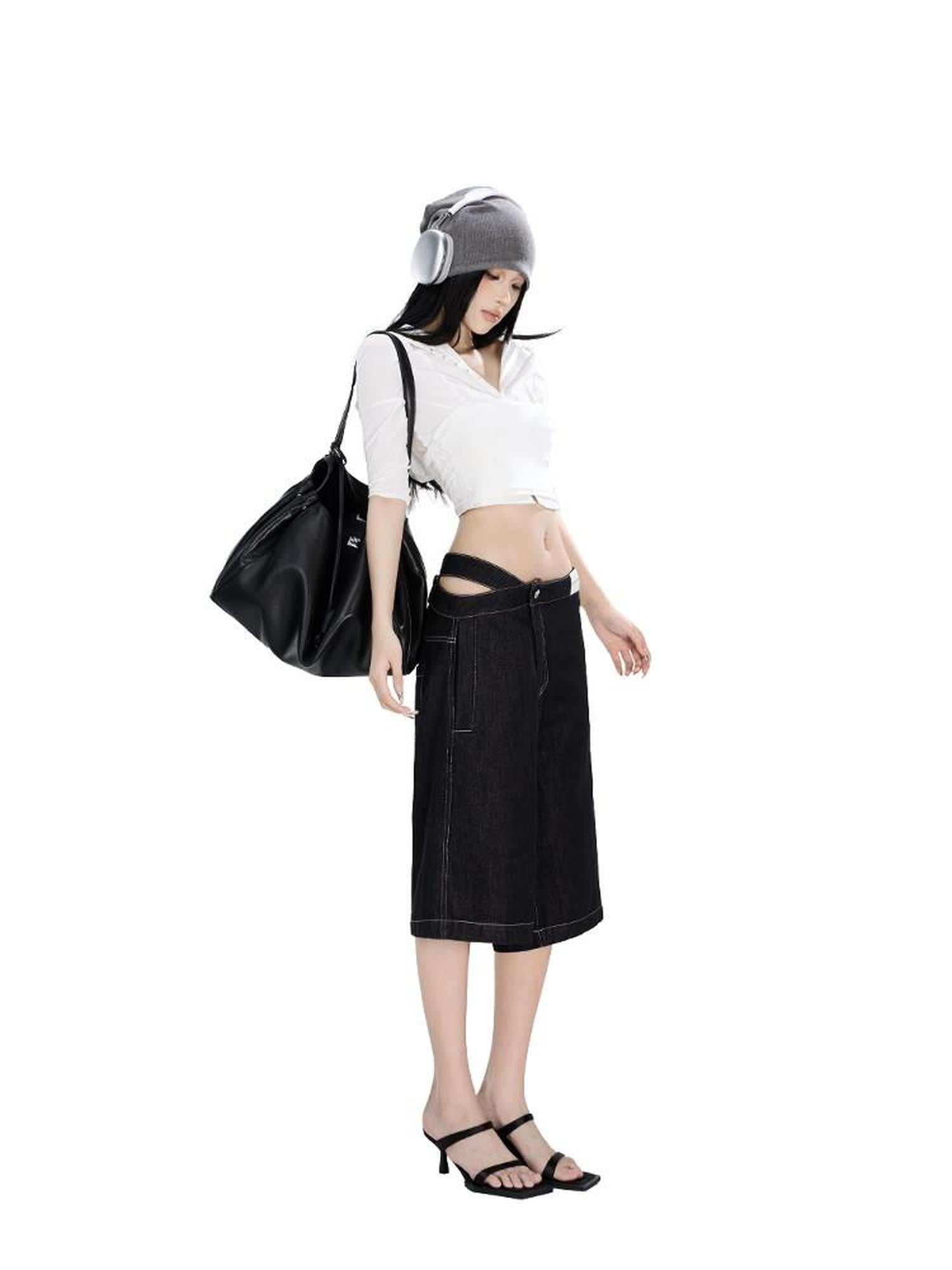 Fanptntox Visual Interlaced Panel Street Straight Loose Women's Black Denim Cropped Jeans