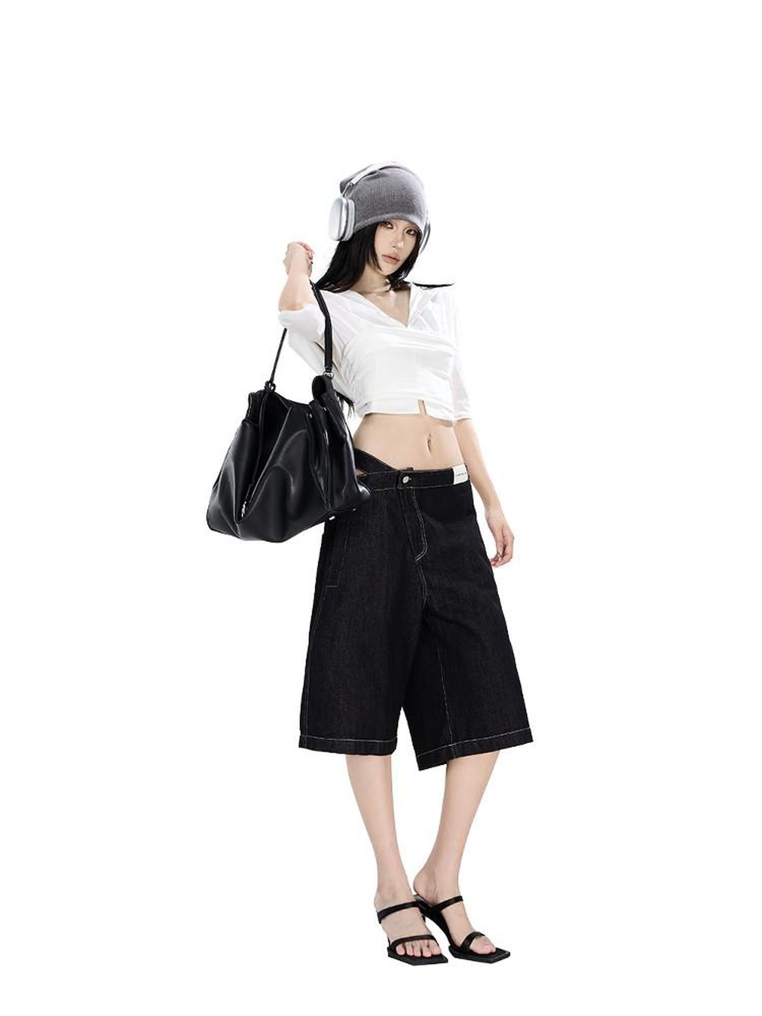 Fanptntox Visual Interlaced Panel Street Straight Loose Women's Black Denim Cropped Jeans