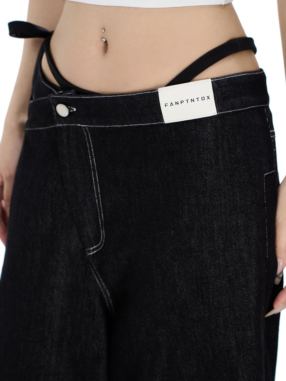 Fanptntox Visual Interlaced Panel Street Straight Loose Women's Black Denim Cropped Jeans