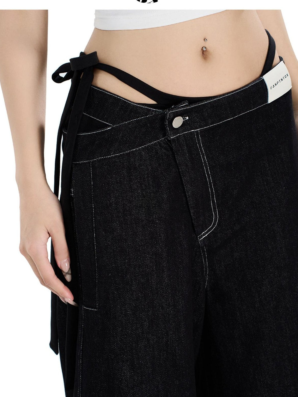 Fanptntox Visual Interlaced Panel Street Straight Loose Women's Black Denim Cropped Jeans