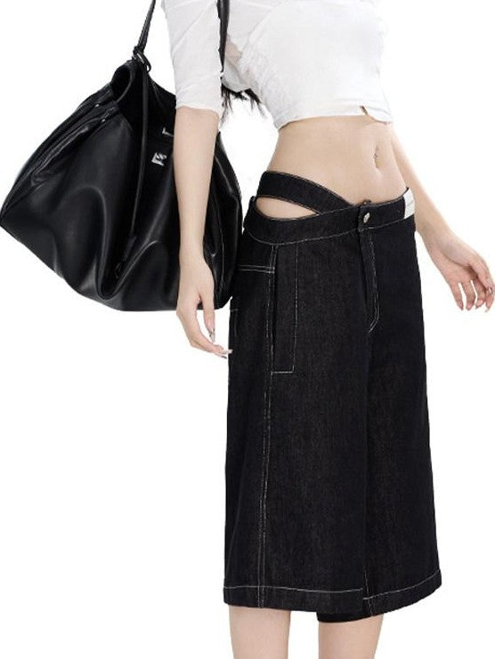 Fanptntox Visual Interlaced Panel Street Straight Loose Women's Black Denim Cropped Jeans