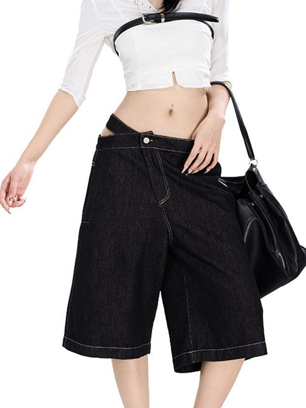 Fanptntox Visual Interlaced Panel Street Straight Loose Women's Black Denim Cropped Jeans
