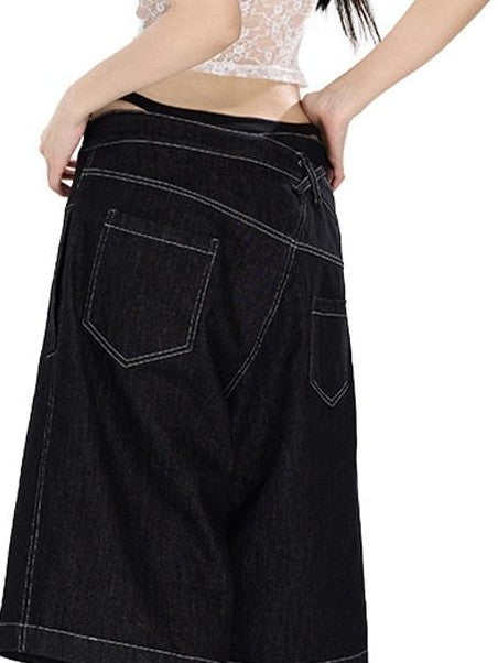 Fanptntox Visual Interlaced Panel Street Straight Loose Women's Black Denim Cropped Jeans