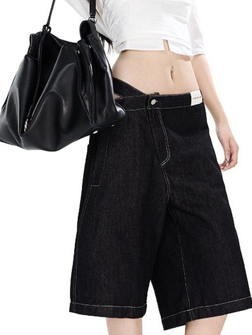 Fanptntox Visual Interlaced Panel Street Straight Loose Women's Black Denim Cropped Jeans
