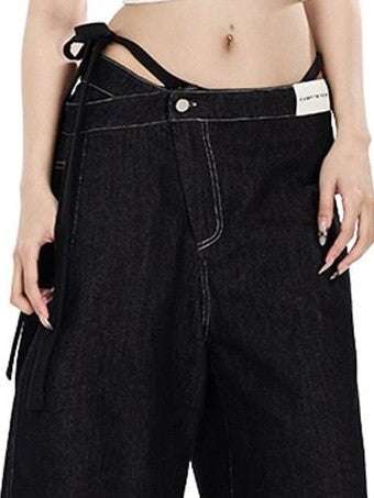Fanptntox Visual Interlaced Panel Street Straight Loose Women's Black Denim Cropped Jeans