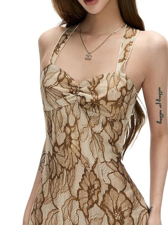 Fanptntox Warm Brown Floral Bustier A Line Women's Viscose Blend Slip Mini Dresses