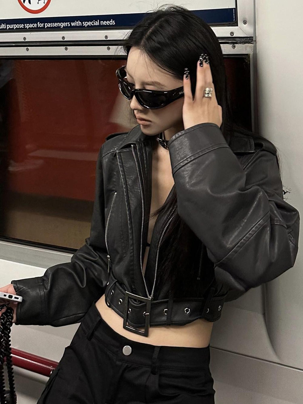 Fanptntox Washed Black Cropped Zip Blazer Collar Techwear Street Women's Leather Jackets