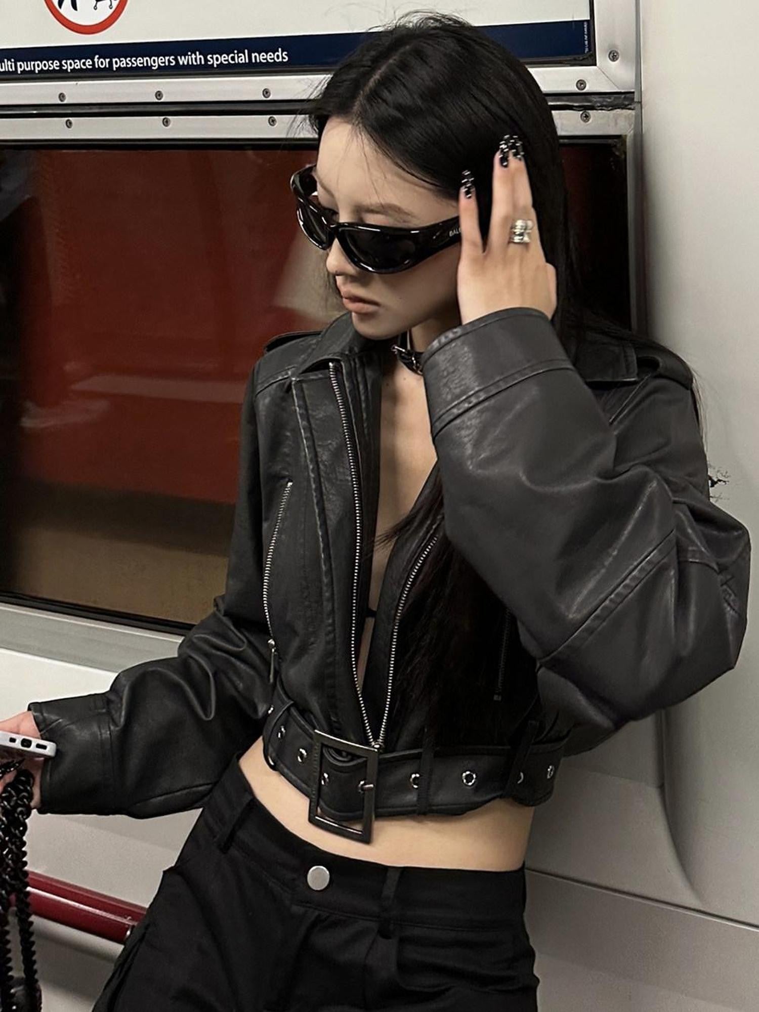 Fanptntox Washed Black Cropped Zip Blazer Collar Techwear Street Women's Leather Jackets