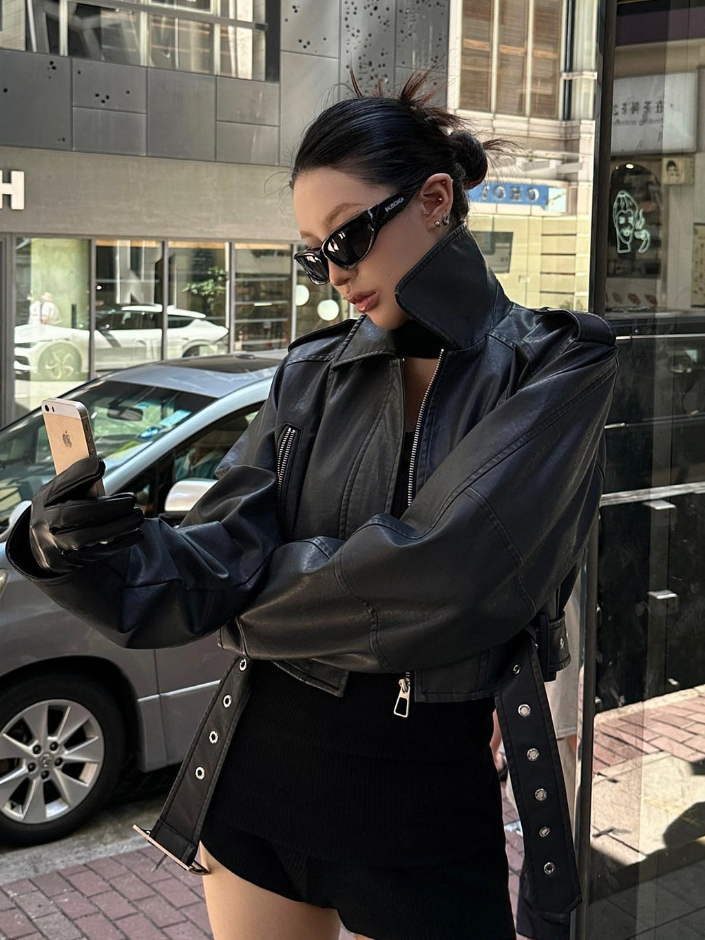 Fanptntox Washed Black Cropped Zip Blazer Collar Techwear Street Women's Leather Jackets