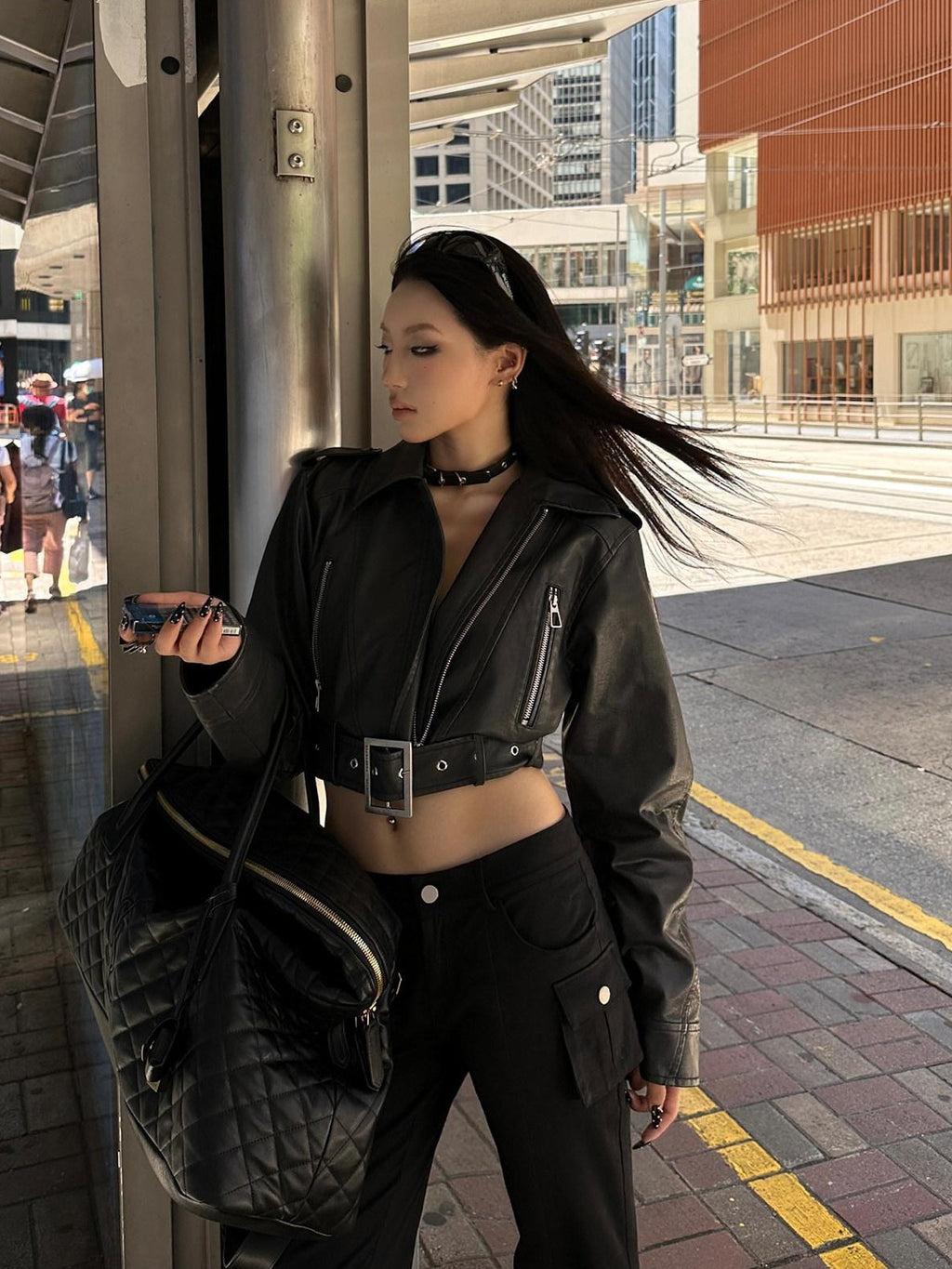 Fanptntox Washed Black Cropped Zip Blazer Collar Techwear Street Women's Leather Jackets