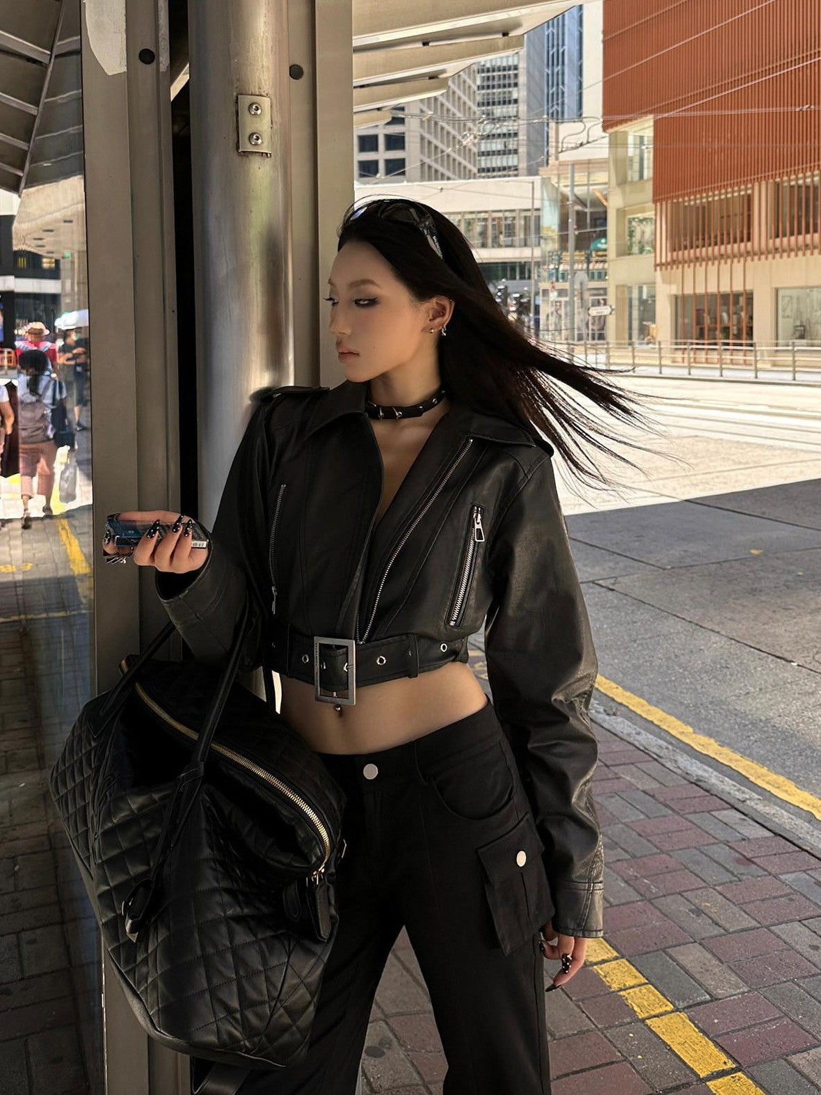 Fanptntox Washed Black Cropped Zip Blazer Collar Techwear Street Women's Leather Jackets
