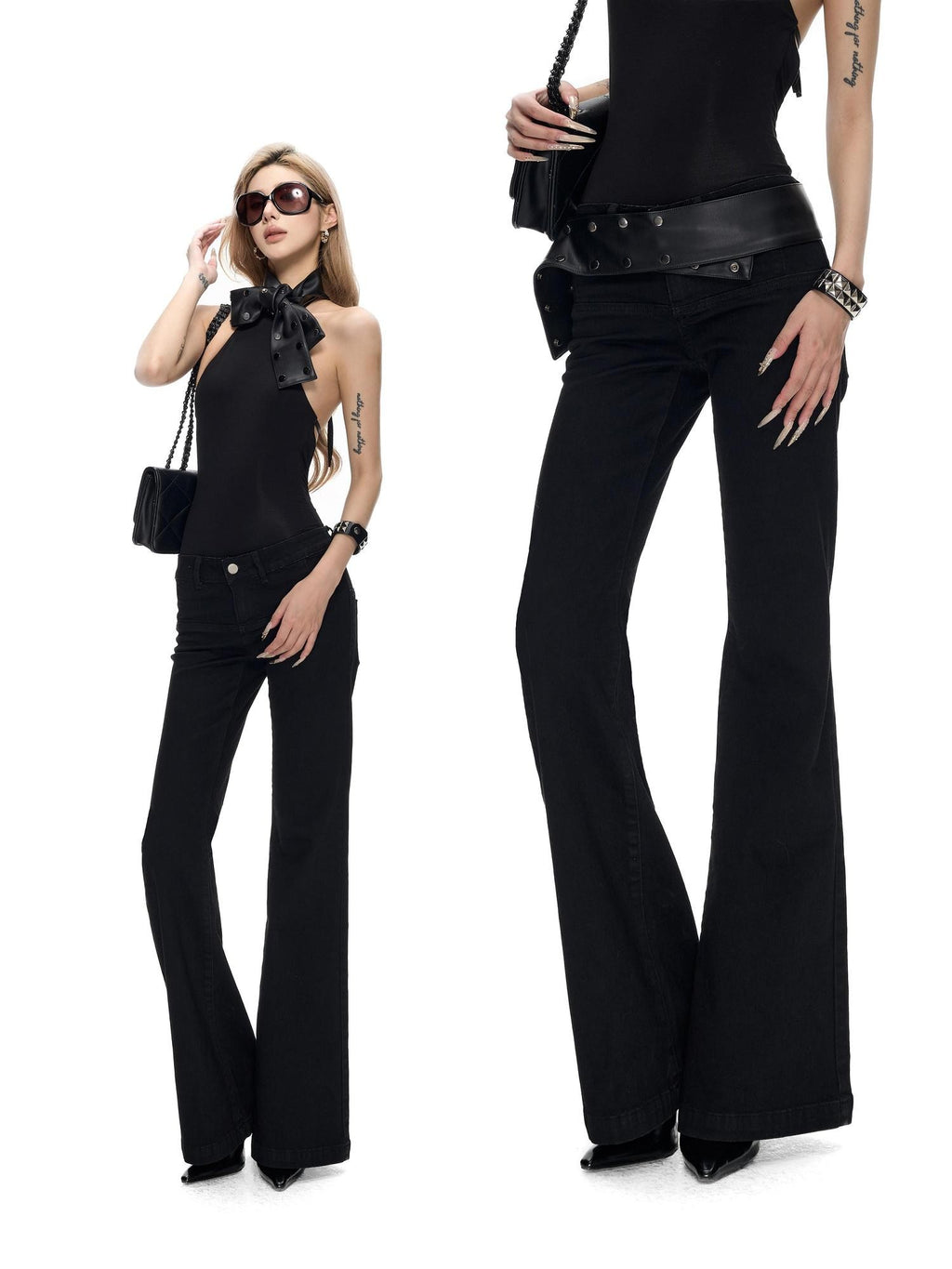Fanptntox Washed Black Distressed Lace Up Low Waist Stretch Cotton Women's Flare Jeans